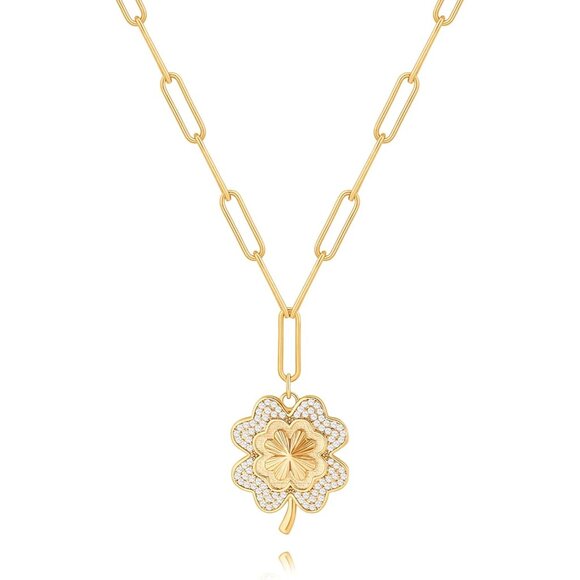 Lucky Clover Pendant Necklace in 18K Gold with Adjustable Length & Zirconia - Picture 1 of 7
